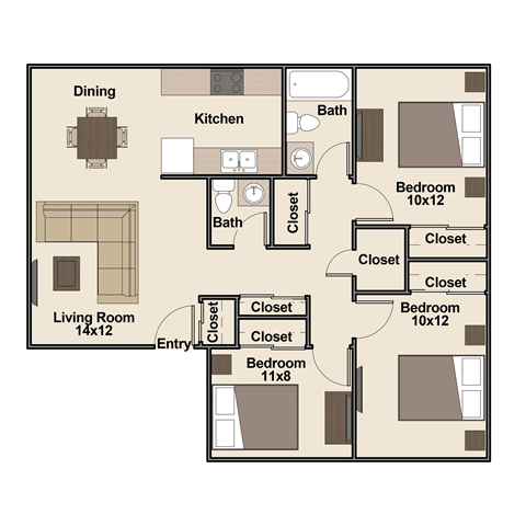 A floor plan of a house with a living room, dining room, kitchen, and three bedrooms.